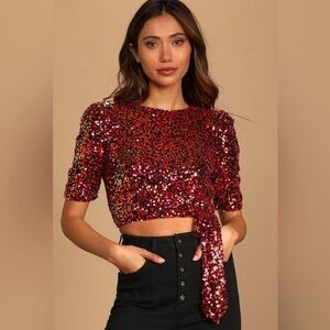LULU’S PERFECT ROSE MULTI SEQUIN SHORT SLEEVE TIE-HEM CROP TOP